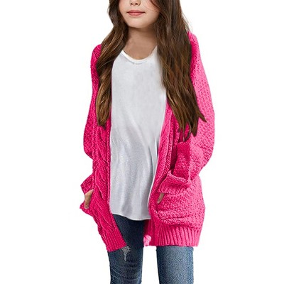 Cardigan for Girls Open Front Sweater Long Sleeve Loose Fit Sweater Jacket,Rose Red - 2XL