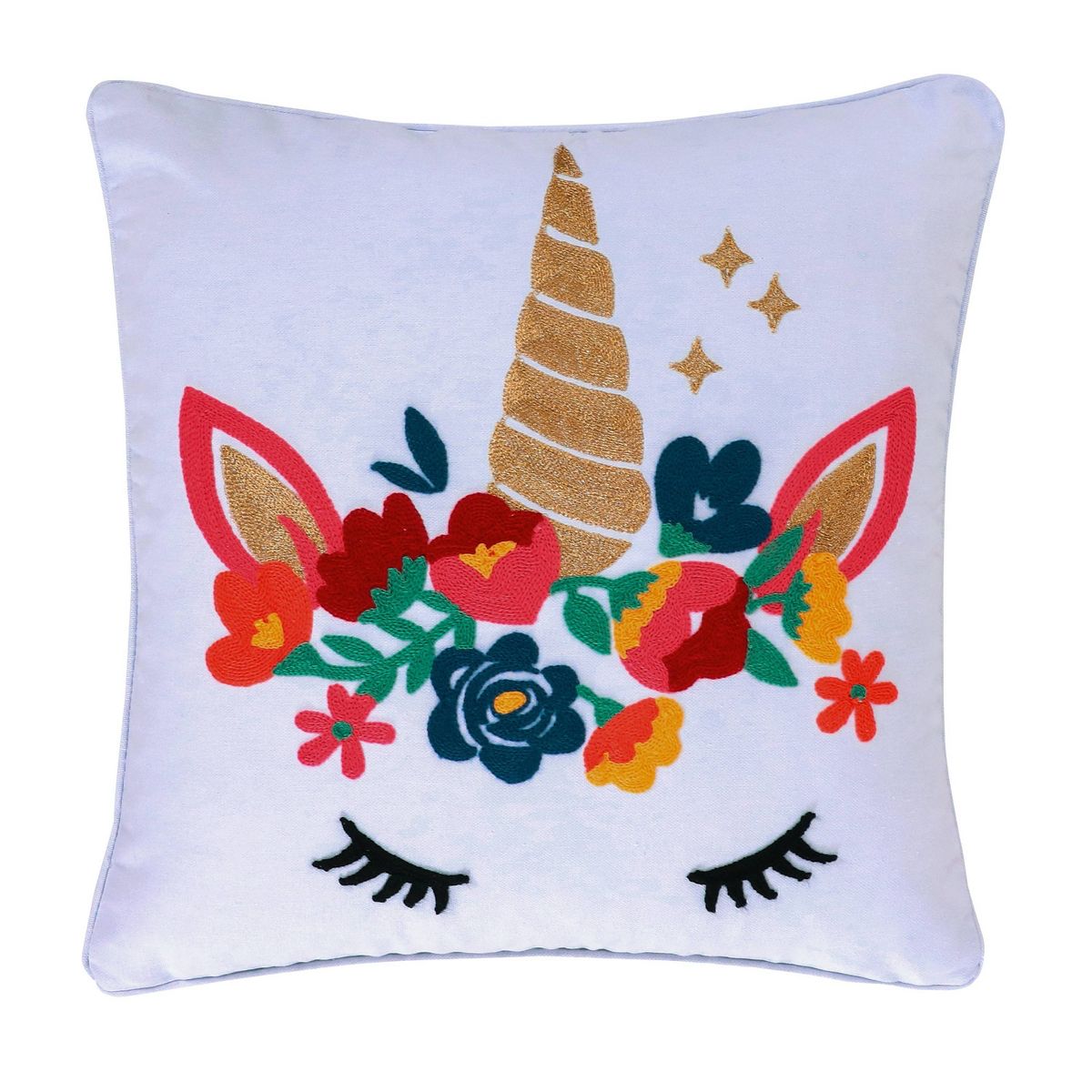 Monique Embroidered Unicorn Kids' Pillow - Homthreads: Modern Square Throw Pillow, Cotton, Multicolor, 18"x18"