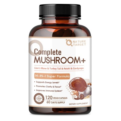 NATURE TARGET Mushroom Supplement Complex with Lion's Mane, Turkey Tail, Reishi, Cordyceps, Shiitake, 14-in-1 Mushrooms for Memory and Focus - 120ct