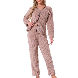 INSPIRE CHIC Womens Flannel Pajama Set Long Sleeve Button Down V Neck Fuzzy Fleece Pants Plush Loungewear - 1 of 4