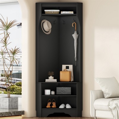 Corner Hall Tree with Shoe Bench, Entryway Coat Rack with Hooks, Freestanding Clothes Storage Cabinet with Storage Shelf for Entryway Bedroom