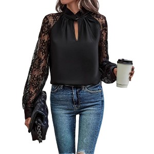 Women’s Lace Trim Shirt Long Sleeve Pleated Lace Tops Shirred Slim Fit Business Casual Blouse - 1 of 4