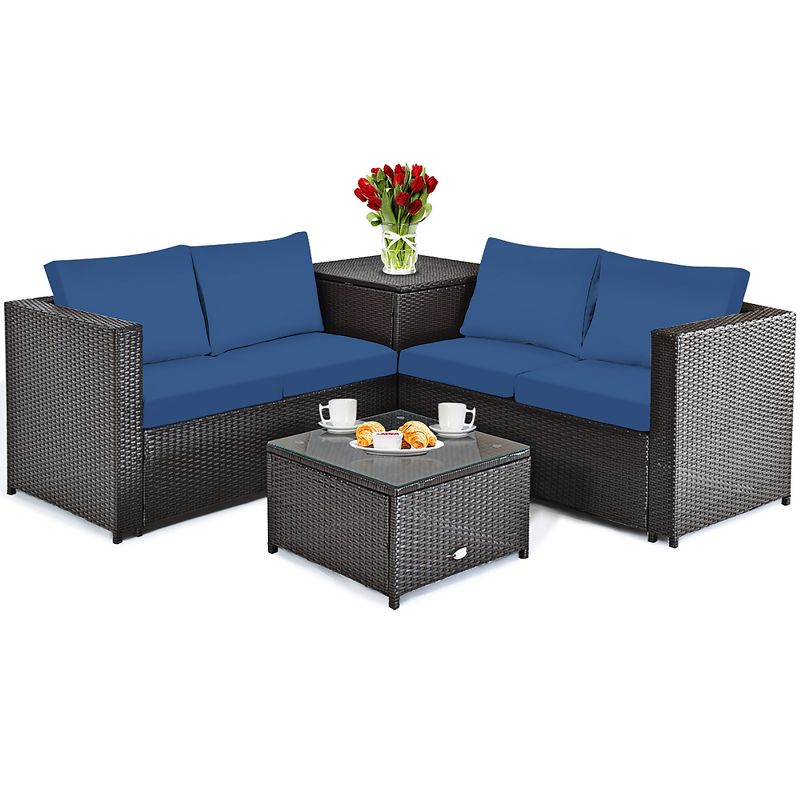 Costway 4PCS Patio Rattan Furniture Set Cushioned Loveseat Storage Table Navy, 2 of 11