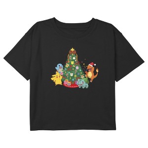Girl's Pokemon Christmas Tree Friends Characters Crop T-Shirt - 1 of 3