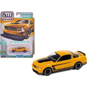 2012 Ford Mustang Boss 302 Yellow Blaze with Black Accents "Modern Muscle" 1/64 Diecast Model Cars by Auto World - 1 of 4