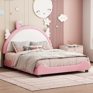 NicBex Twin/Full Size Princess Upholstered Platform Bed Frame with Unicorn Shape Headboard for Girls,Solid Wood Slats Support,Easy Assembly,White+Pink - 1 of 4