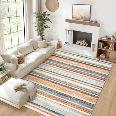 Modern Runner Rug Washable Striped Accent Carpet Non-Slip, Stain-Resistant Entry Rugs Low Pile Hallway Rug