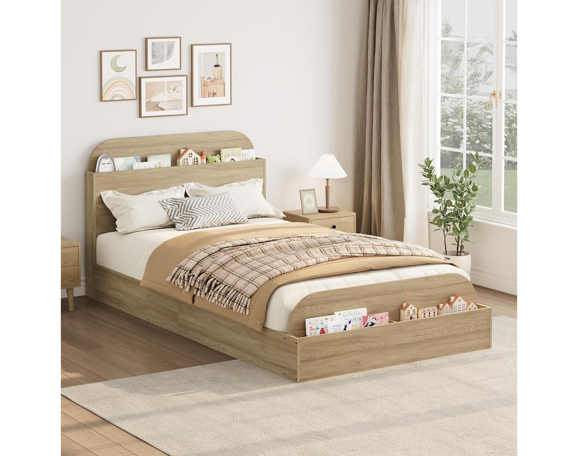 Twin Kids Bed Frame with Storage Headboard & Footboard - Low Profile Wood Platform Bed, Sturdy Wood Slats, No Box Spring Needed