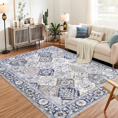 Garvee Vintage Floral Area Rug, Indoor Print Carpet for Living Room Kitchen Entryway Bathroom Bedroom Office, Beige Blue