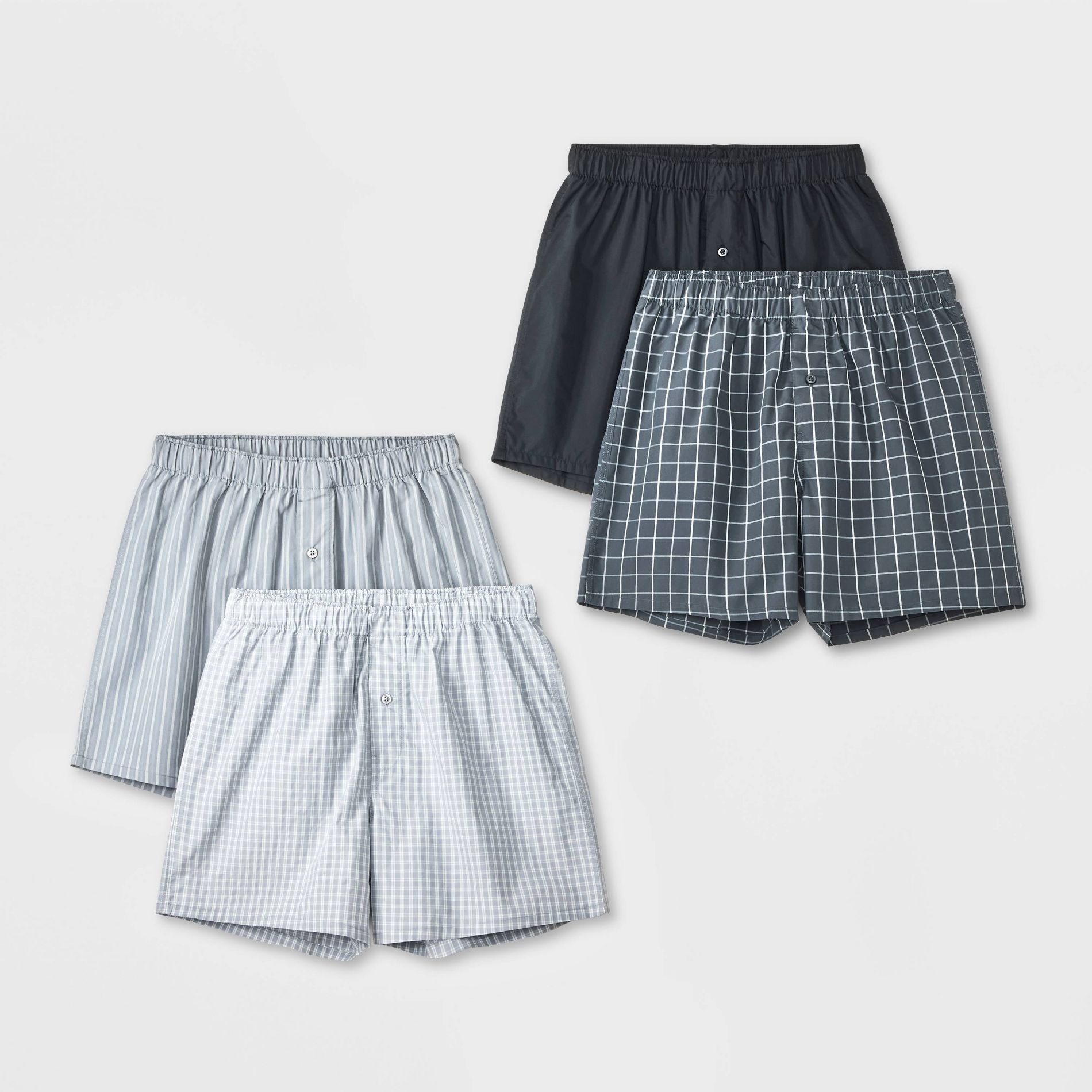 Men's 4pk Striped Woven Boxer Shorts - Goodfellow & Co™ Gray/Black M: Cotton Blend, Mid Rise, Elastic Waistband