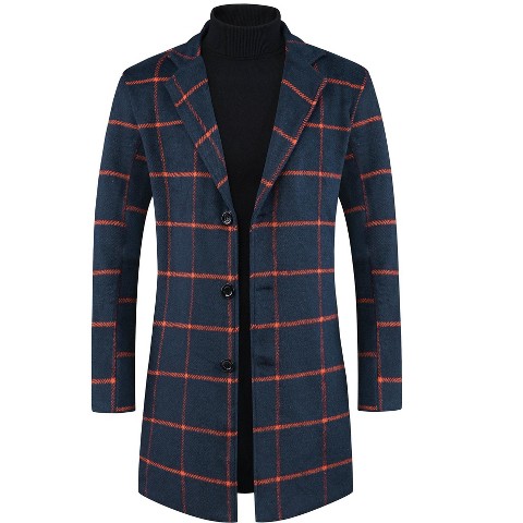 Lars Amadeus Men's Color Block Single Breasted Formal Winter Plaid Coat Navy Red Medium