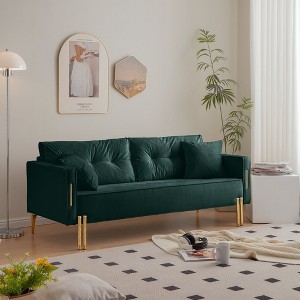 70 inch velvet sofa luxury modern upholstered 3 seater sofa with 2 pillows - 1 of 4