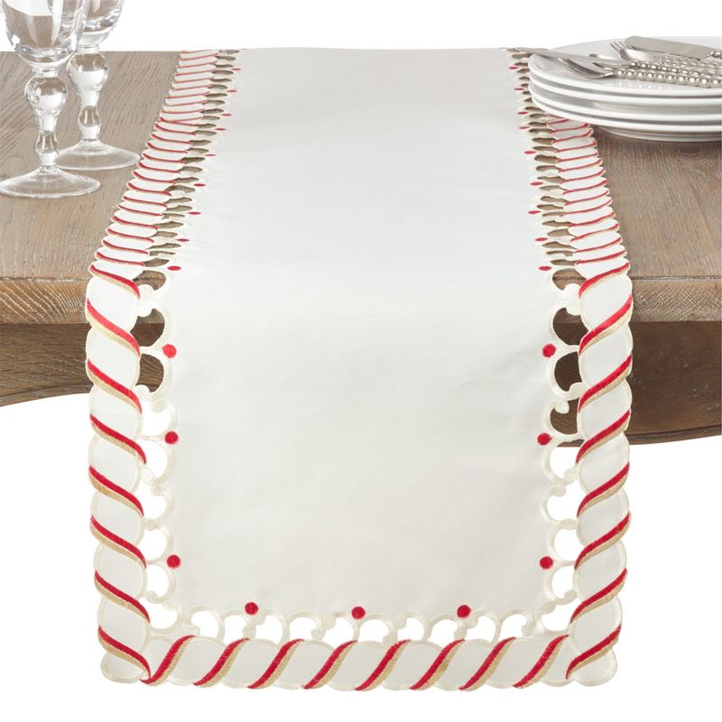 Saro Lifestyle Candy Cane Stripe Border Christmas Holiday Table Runner, 1 of 4