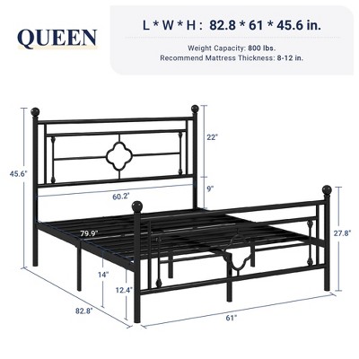 Allewie Queen Black Metal Platform Bed Frame with Victorian Headboard and Storage