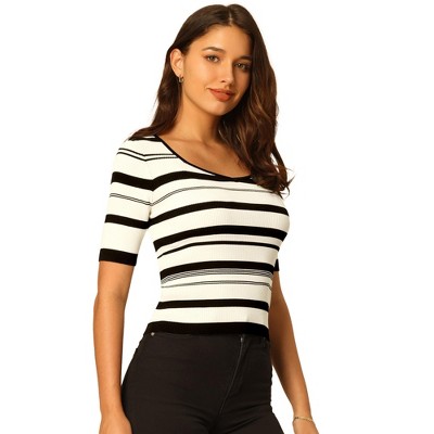 Hobemty Women's Basic Striped Short Sleeve Scoop Neck Knitted Blouse