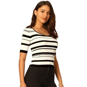 Hobemty Women's Basic Striped Short Sleeve Scoop Neck Knitted Blouse - 1 of 4