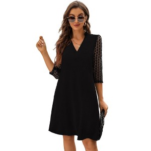 Womens  A Line Dress with Lace Braclet Sleeve V Neck Tunic Dress Mesh Sleeve Summer Basic Dress, Black - 2X - 1 of 4