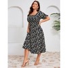 Womens Puff Sleeve Summer Floral Dress Plus Size Smocked Ruffle Square Neck Casual Dress Cute Midi Dress Black Flower 1XL - 4 of 4
