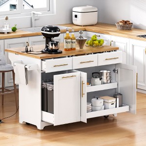 Kitchen Cart with Trash Can, Pull Out Cabinet and Rubber Wood Drop Leaf - 1 of 4