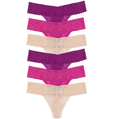 Felina Women's Stretchy Lace Low Rise Thong - Seamless Panties (6-pack)  (very Berry Neutrals, M/l) : Target