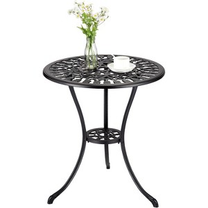 23.6" Round Cast Aluminum Patio Bistro Table, Outdoor Coffee Bistro Side Table with Umbrella Hole, Antique Design Dining Desk, Black - 1 of 4