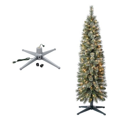 Home Heritage 1-1.5" Artificial Christmas Tree Base Rotating Metal Stand w/Stanley 5' Skinny Pencil 150 Pre-Lit White Lights Artificial Christmas Tree