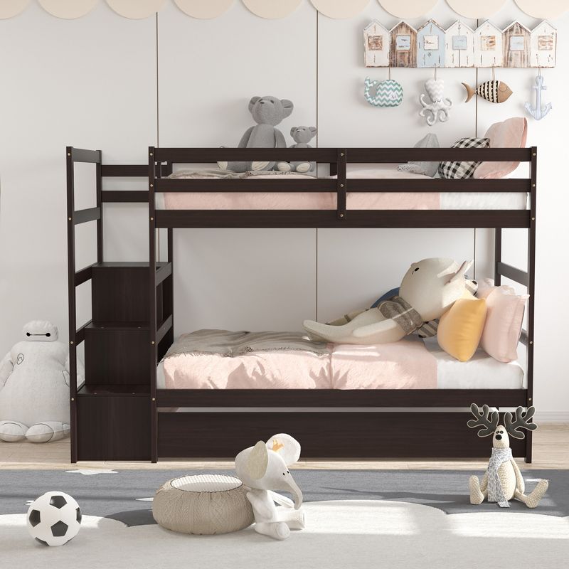 Costway Twin Over Twin Bunk Bed with Trundle Stairway and Storage Shelf Drawer White\Espresso\Grey, 4 of 10