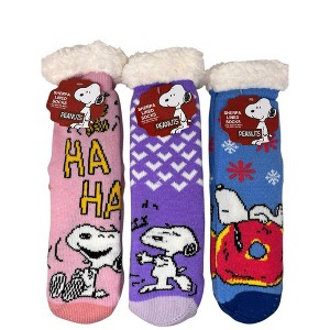 Peanuts Snoopy and Charlie Brown High Pile Fleece Lined Gripper Bottom Socks 3pk - 1 of 1