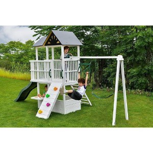 Avenlur Craftsman Swing Set: Montessori-style outdoor play with slide, clubhouse, gym bar, rock climb wall, and more! ASTM certified. Ages 3-11yrs. - 1 of 4