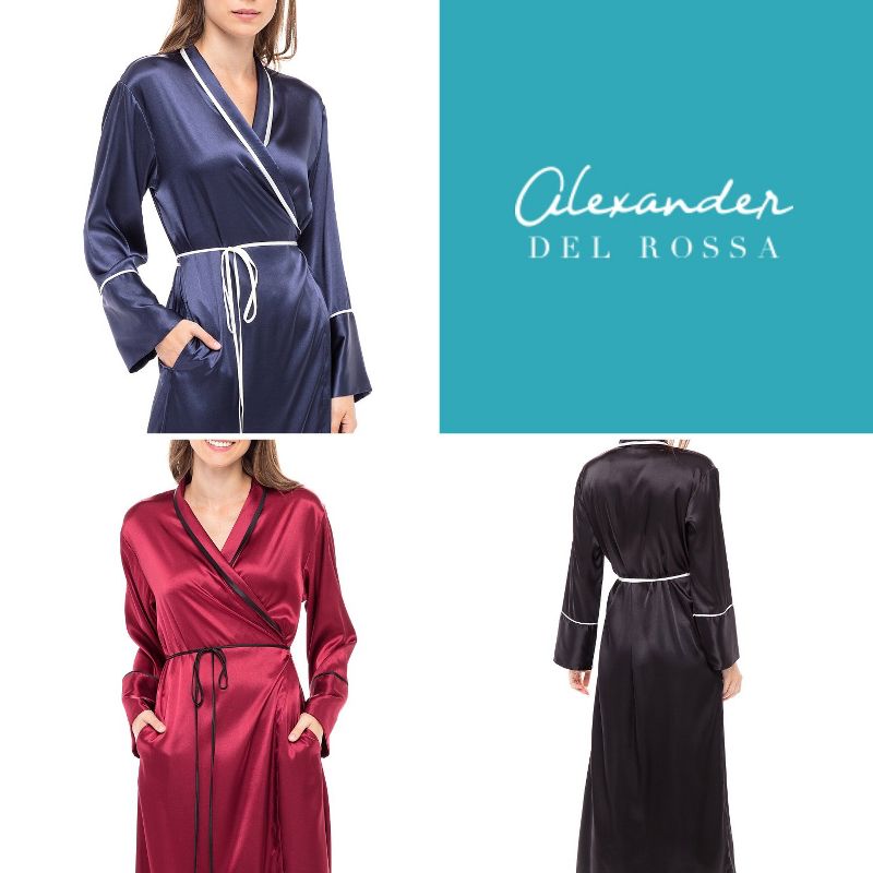 ADR Women's Long Satin Robe with Contrast Piping- Tie Belt, Pockets, Full Length, 4 of 7