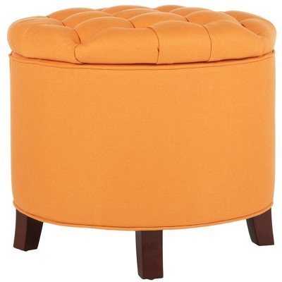 Tangerine Round Tufted Storage Ottoman with Oak Legs