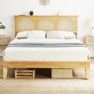 Rattan Bed Frame with Headboard, Boho Bed Frame with Wooden Support Legs, Wood Platform Bed Frame, Noise Free, No Spring Box Needed, Natural Color - 1 of 4