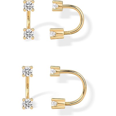 14K Gold Plated Double Half Huggie Earring Jacket Set, with Heart Ball CZ Screwback Studs, Sterling Silver Posts Statement Jewelry