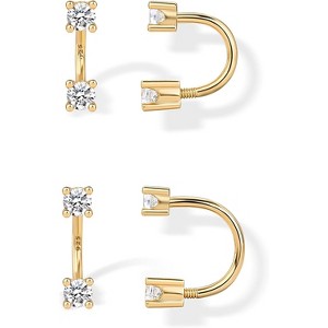 14K Gold Plated Double Half Huggie Earring Jacket Set, with Heart Ball CZ Screwback Studs, Sterling Silver Posts Statement Jewelry - 1 of 4