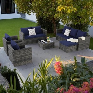 6-Piece Outdoor Patio Rattan Conversation Sectional Sofa Set with Tempered Glass Coffee Table and 2 Armchair - 1 of 4