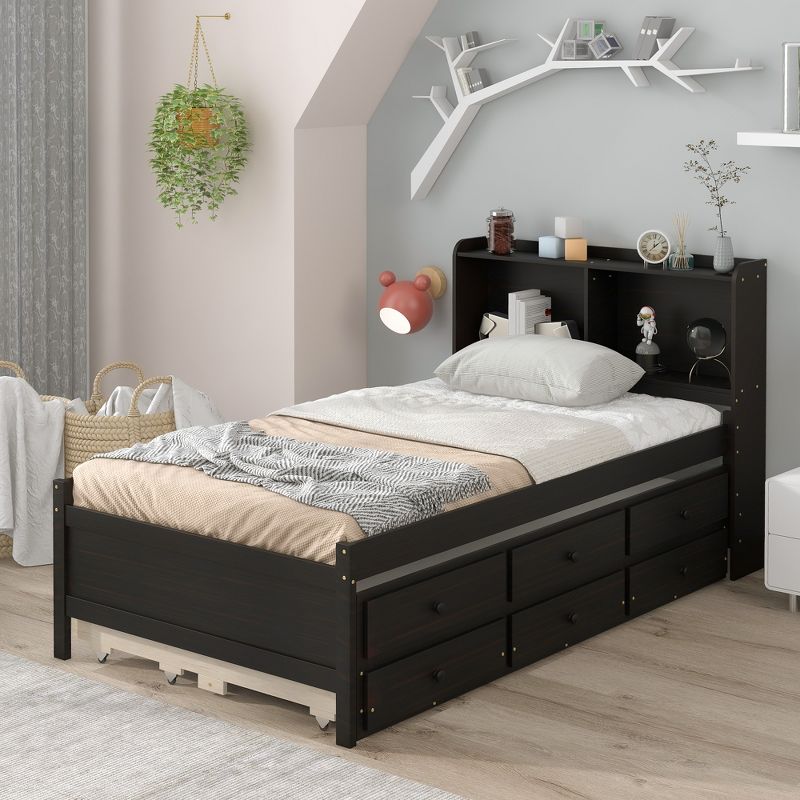 Full/Twin Size Platform Bed with Bookcase Headboard, Twin Size Trundle Bed and Drawers-ModernLuxe, 1 of 9