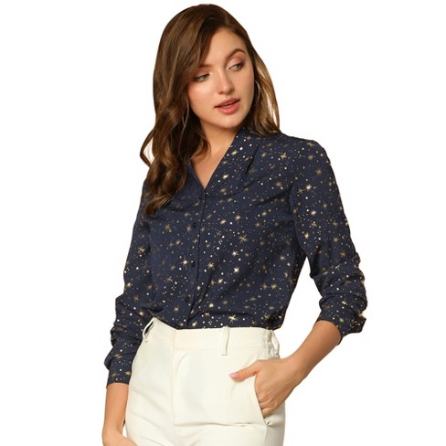Allegra K Women's Polka Dots Office Blouse Button Down Long Sleeve Business  Casual Shirt X-Small Dark Blue at  Women's Clothing store