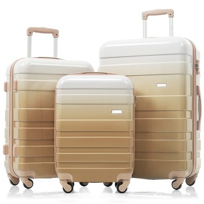 Coolife Luggage Set New ABS Hardshell Three-Piece Lightweight and Durable Luggage Set with Spinner Wheels and TSA Lock, White and Brown