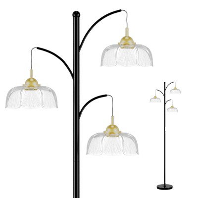 SUGIFT Floor Lamp with 3 Adjustable Heads and Petal Glass Shades, Modern Standing Lamp with LED Bulbs for Living Room Bedroom Office
