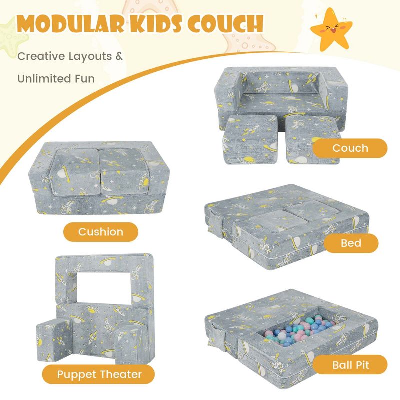 Costway Kids Couch Toddler Convertible Glow Play Sofa with Ottomans Cover & Side Pockets, 4 of 11