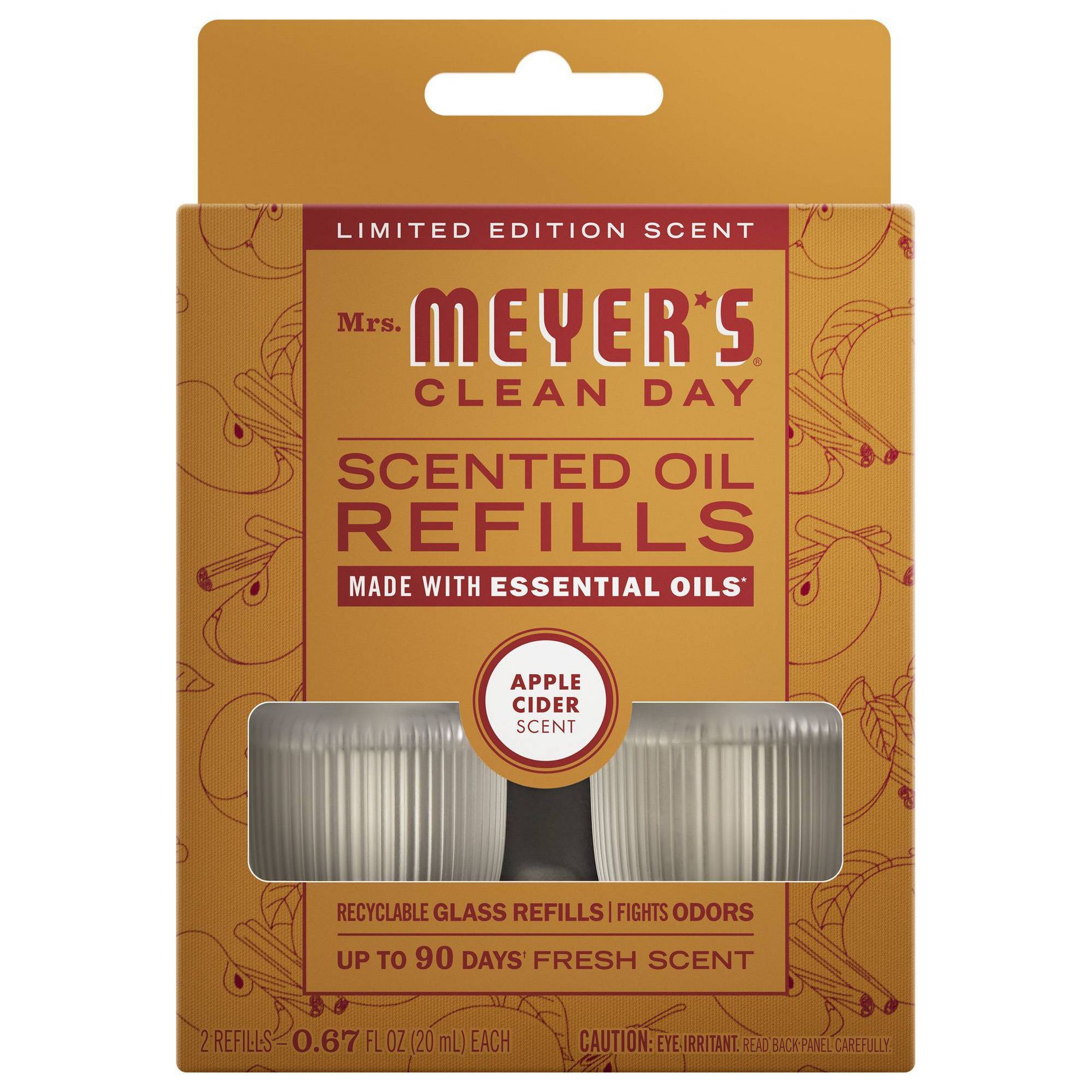 Mrs. Meyer's Clean Day Premium Scented Oil Plug-In Diffuser Air Freshener Refills - Apple Cider - 0.67 fl oz/2pk