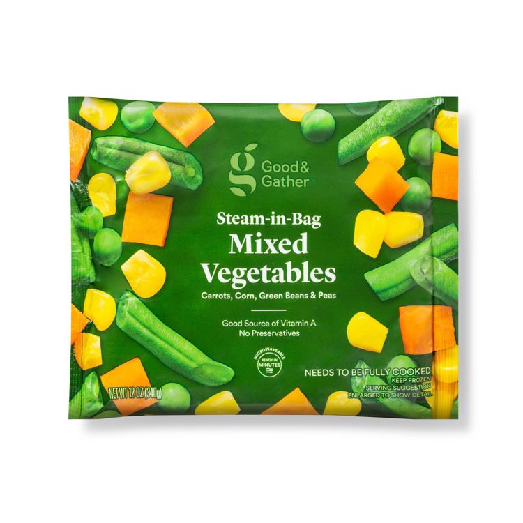 Package of Good & Gather Steam-in-Bag Mixed Vegetables featuring carrots, corn, green beans, and peas, labeled as a good source of Vitamin A with no preservatives, weighing 12 oz (340 g).