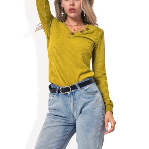 Anna-Kaci Women's Long Sleeve Knit Top with Asymmetrical Button Detail and Ribbed Texture - 1 of 4