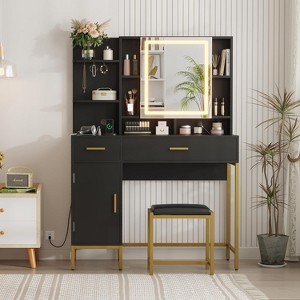 Makeup Vanity Desk, Vanity Desk with Lights in 3 Colors, Vanity Table with Charging Station, Visible Drawers, Black - 1 of 1