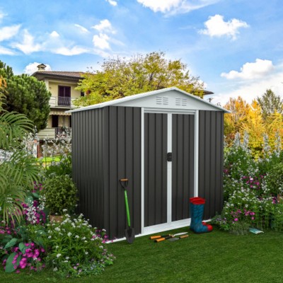 Syemin Storage Sheds 6'x4' Outdoor Metal Storage Shed for Garden Tools Lockable Door with Lockable Door Floor Frame, Gray, 74.5"*45.3"*72.2"
