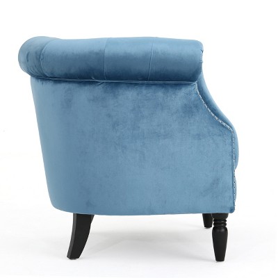 Aqua Velvet Tufted Club Chair with Birch Legs