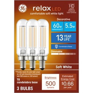 GE 3pk 60W Relax T8 LED Light Bulbs Soft White: Candelabra E12 Base, Dimmable, 500 Lumens, Suitable for Wet Locations - 1 of 4