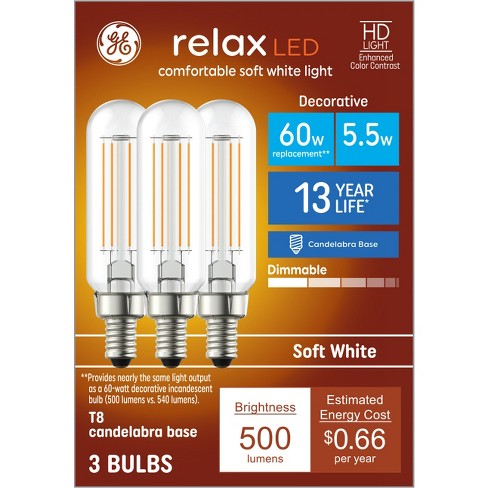 GE 3pk 60W Relax T8 LED Light Bulbs Soft White: Candelabra E12 Base, Dimmable, 500 Lumens, Suitable for Wet Locations - image 1 of 4