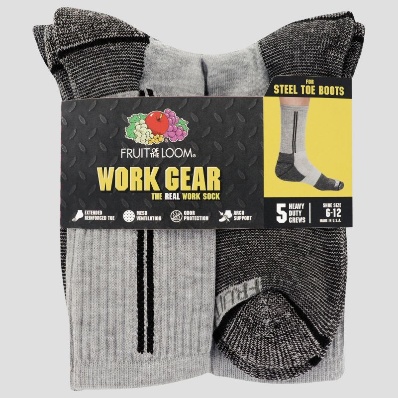 Fruit of the Loom Men's 5pk Work Gear Steel Toe Crew Socks - 6-12, 5 of 9