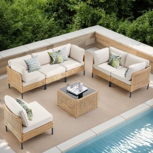 Buenhomino Boho Patio Yellow Wicker Sectional Seating Group, Outdoor Conversation Set with Cushions - 1 of 4
